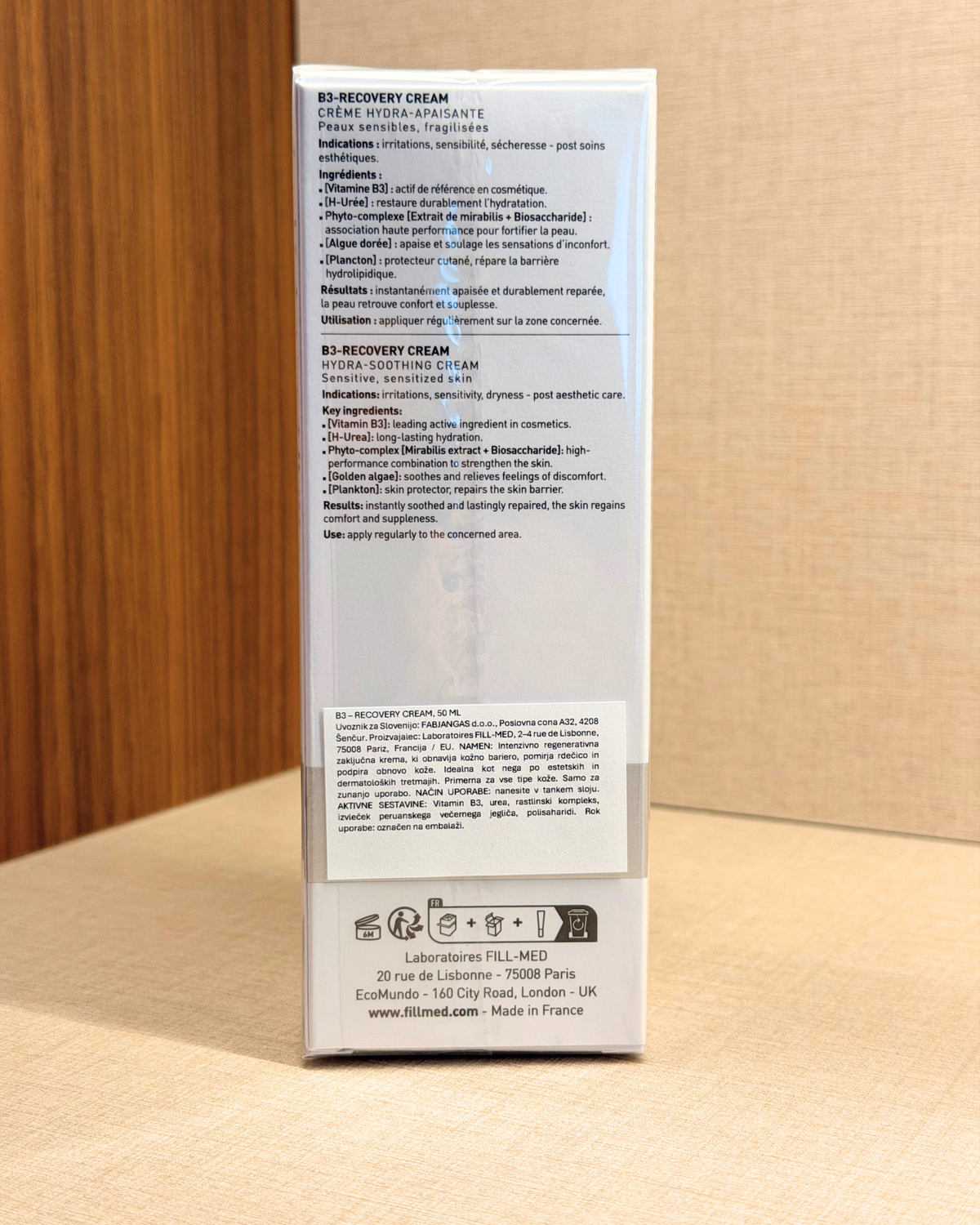 FILLMED B3-Recovery Cream 50 ml – obnovitvena krema z niacinamidom – stranska stran škatle | Dr. Fabjan Cosmetics Slovenija – spletna trgovina kozmetike, za katero stoji največja poliklinika v Sloveniji, Estetika Fabjan