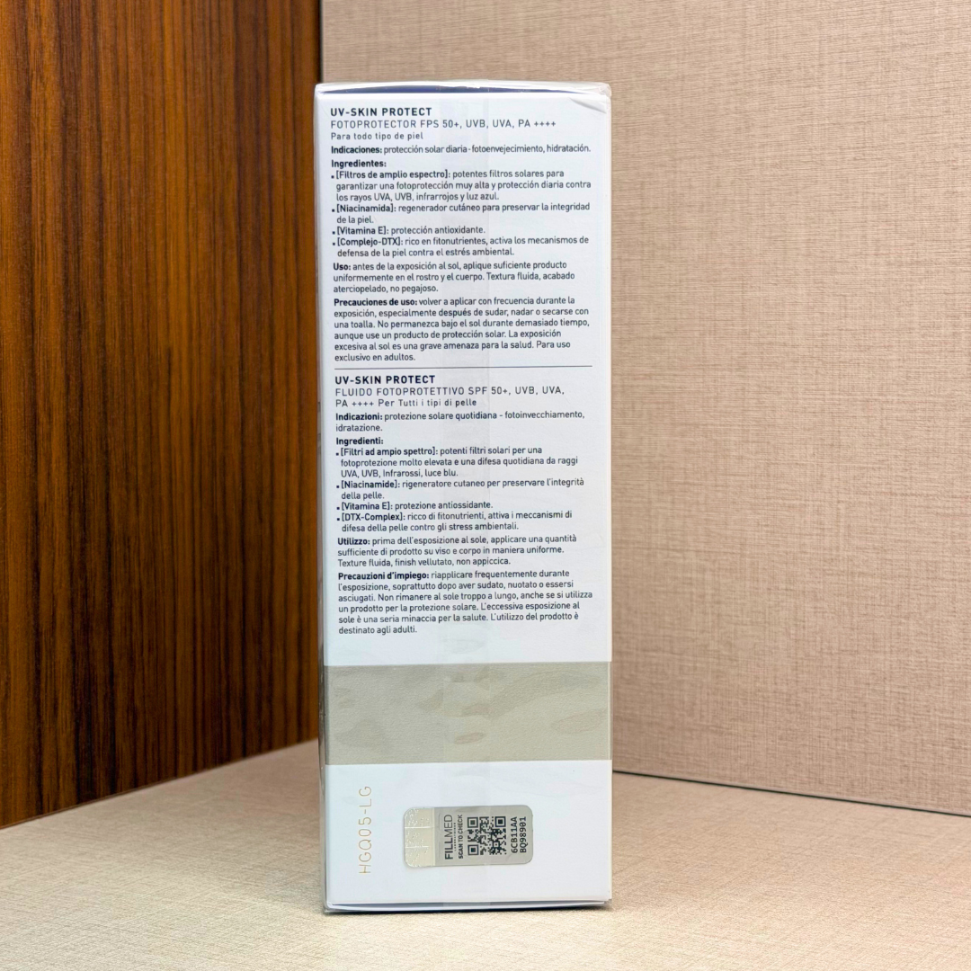 FILLMED UV-Skin Protect SPF50+ 50 ml – sončna krema SPF 50+ – stranska stran škatle | Dr. Fabjan Cosmetics Slovenija – spletna trgovina kozmetike, za katero stoji največja poliklinika v Sloveniji, Estetika Fabjan