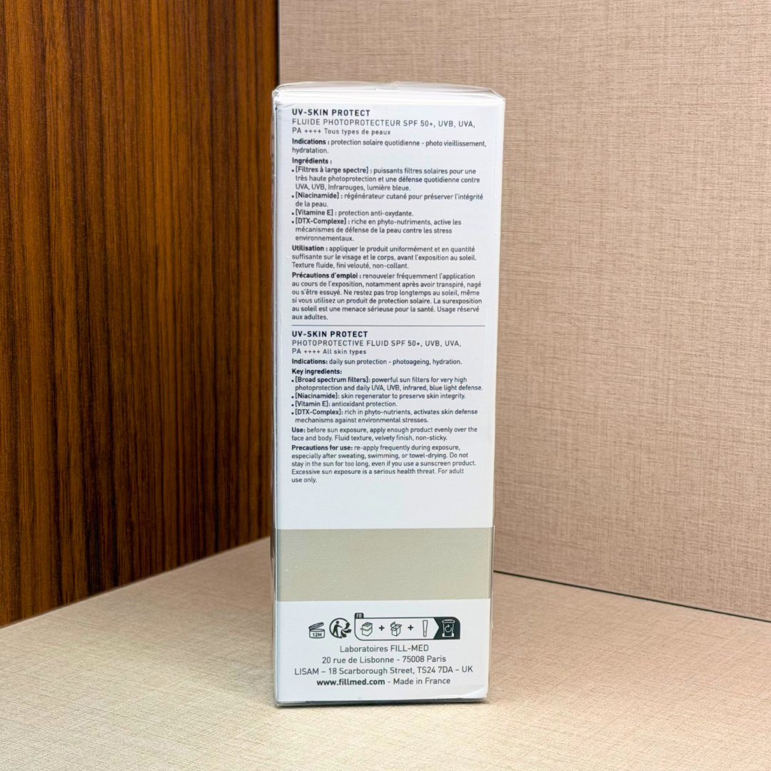 FILLMED UV-Skin Protect SPF50+ 50 ml – sončna krema SPF 50+ – zadnja stran škatle z informacijami | Dr. Fabjan Cosmetics Slovenija – spletna trgovina kozmetike, za katero stoji največja poliklinika v Sloveniji, Estetika Fabjan
