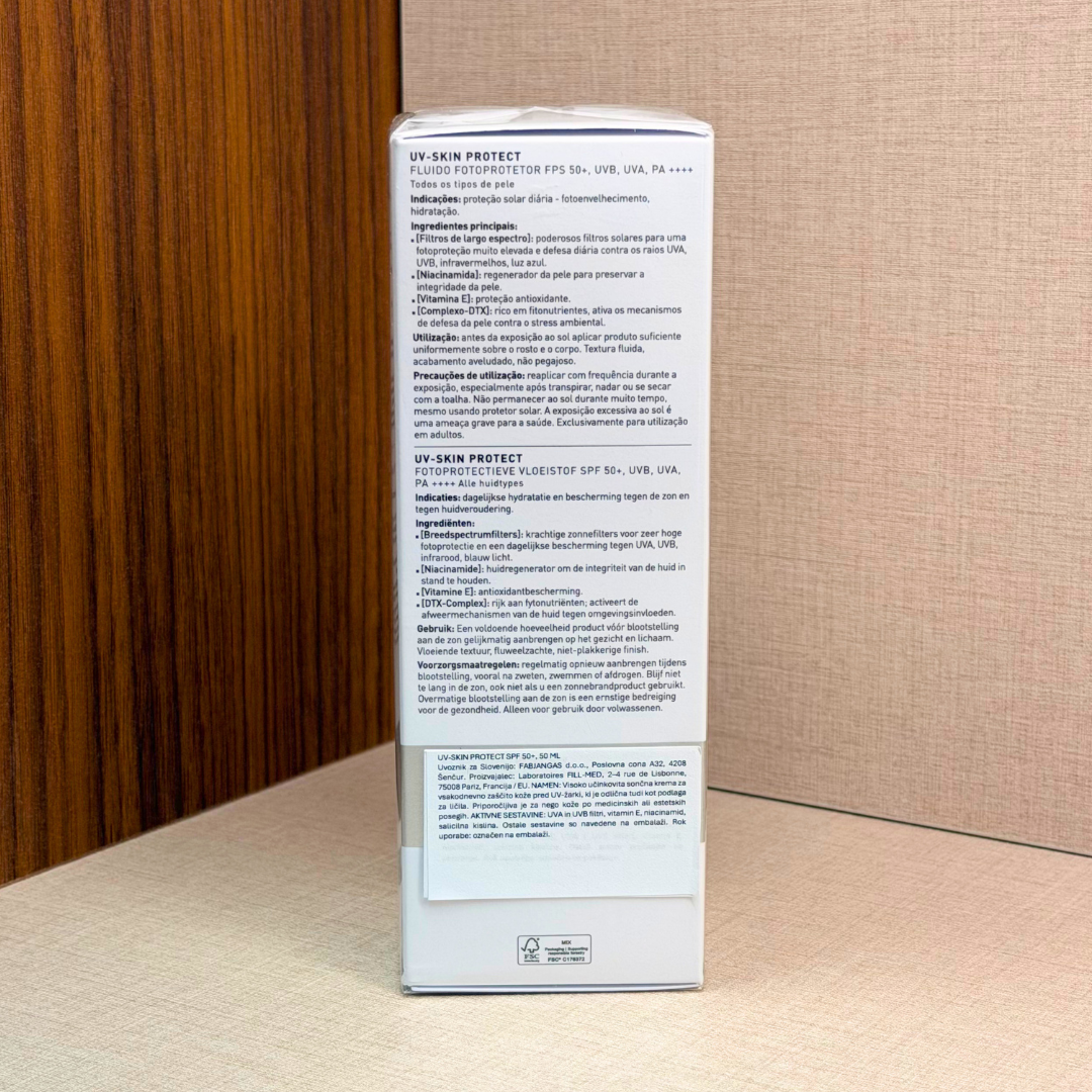 FILLMED UV-Skin Protect SPF50+ 50 ml – sončna krema SPF 50+ – stranska stran škatle z besedilom | Dr. Fabjan Cosmetics Slovenija – spletna trgovina kozmetike, za katero stoji največja poliklinika v Sloveniji, Estetika Fabjan