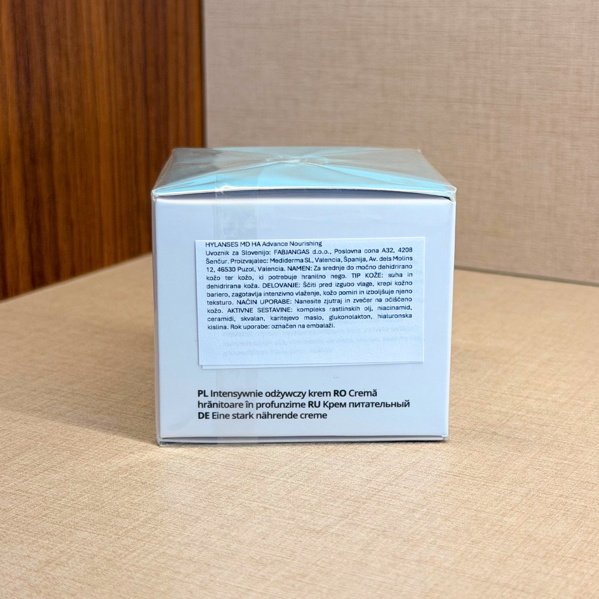 Mediderma Hylanses HA Advance Cream 50 ml (Nourishing Cream) – hranilna krema, ki obnavlja kožno bariero – zadnja stran škatle z besedilom | Dr. Fabjan Cosmetics Slovenija – spletna trgovina kozmetike, za katero stoji največja poliklinika v Sloveniji, Estetika Fabjan