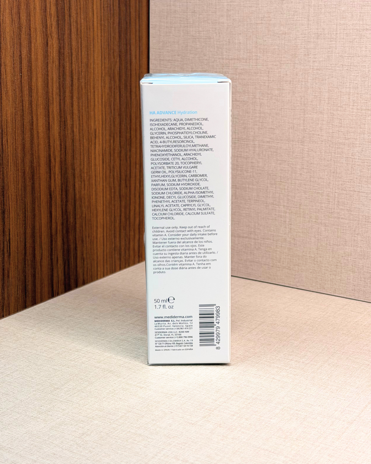 Mediderma Hylanses HA Advance Gel 50 ml – vlažilna gel krema – stranska stran škatle | Dr. Fabjan Cosmetics Slovenija – spletna trgovina kozmetike, za katero stoji največja poliklinika v Sloveniji, Estetika Fabjan