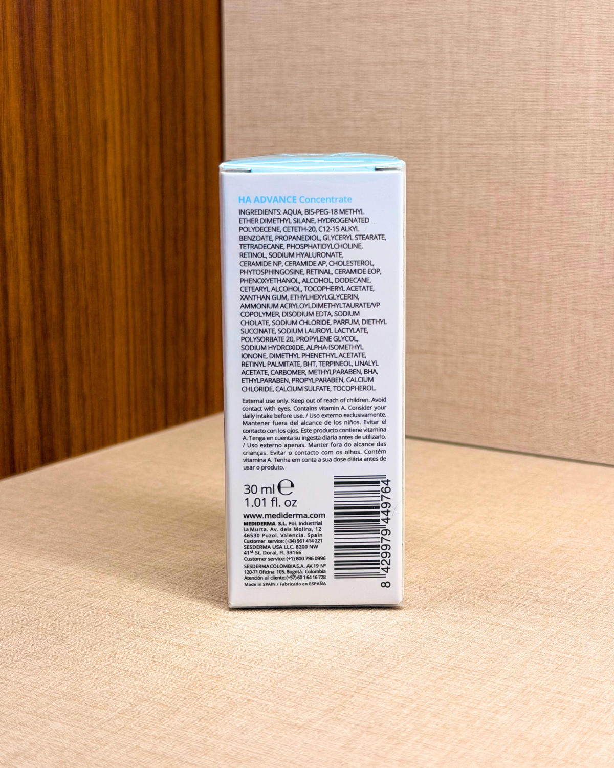 Mediderma Hylanses HA Advance Serum 30 ml – vlažilni serum – zadnja stran škatle z besedilom | Dr. Fabjan Cosmetics Slovenija – spletna trgovina kozmetike, za katero stoji največja poliklinika v Sloveniji, Estetika Fabjan