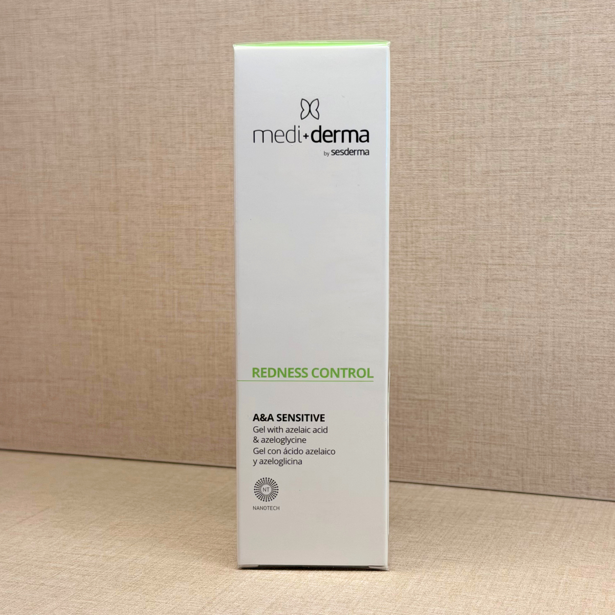 Mediderma by Sesderma Redness Control A&A Sensitive Gel 50 ml – gel z azelaično kislino za kožo, nagnjeno k rdečici – stoječa škatla izdelka od spredaj | Dr. Fabjan Cosmetics Slovenija – spletna trgovina kozmetike, za katero stoji največja poliklinika v Sloveniji, Estetika Fabjan