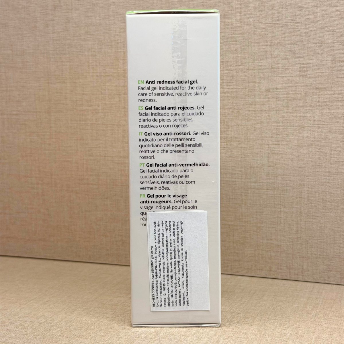 Mediderma by Sesderma Redness Control A&A Sensitive Gel 50 ml – gel za pomirjanje rdečice – zadnja stran škatle z besedilom | Dr. Fabjan Cosmetics Slovenija – spletna trgovina kozmetike, za katero stoji največja poliklinika v Sloveniji, Estetika Fabjan