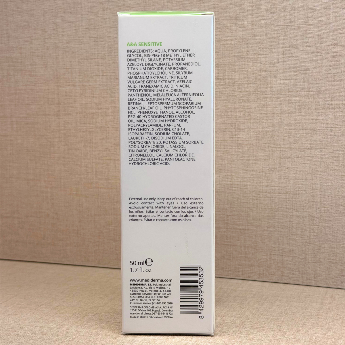 Mediderma by Sesderma Redness Control A&A Sensitive Gel 50 ml – gel za občutljivo kožo – stranska stran škatle z besedilom | Dr. Fabjan Cosmetics Slovenija – spletna trgovina kozmetike, za katero stoji največja poliklinika v Sloveniji, Estetika Fabjan