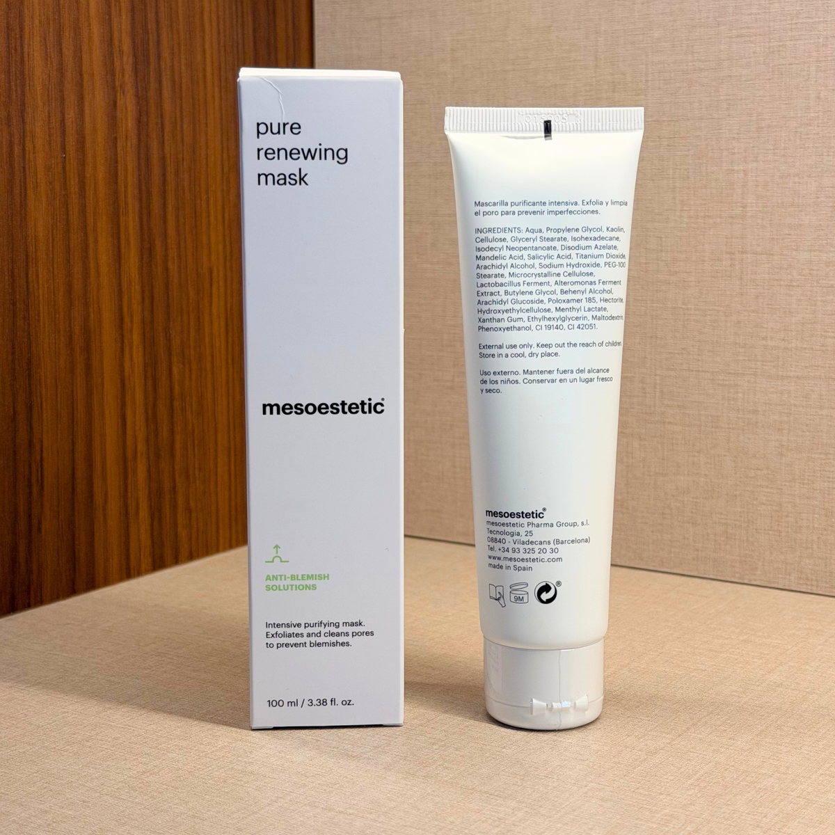 Mesoestetic Pure Renewing Mask 100 ml – čistilna maska za obraz – škatla in zadnja stran tube z navodili | Dr. Fabjan Cosmetics Slovenija – spletna trgovina kozmetike, za katero stoji največja poliklinika v Sloveniji, Estetika Fabjan
